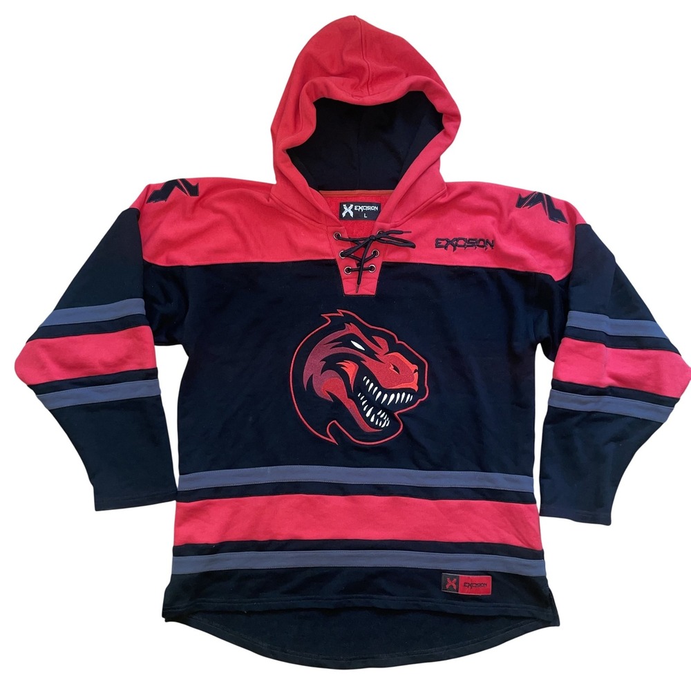Excision Hockey Jersey Hoodie Mens Large Lacer Pullover Raptor EDM DJ Red Rex
